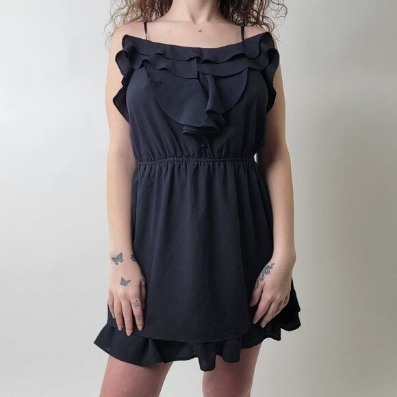 Navy Blue Ruffled Romper Mini Dress L - Picture 2 of 11